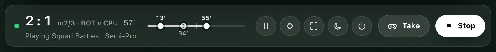 The control bar during a match: 2:1, m2/3 · BOT v CPU, 57th minute, a timeline with goals at 13, 34 and 55 minutes, round buttons, Take and Stop.