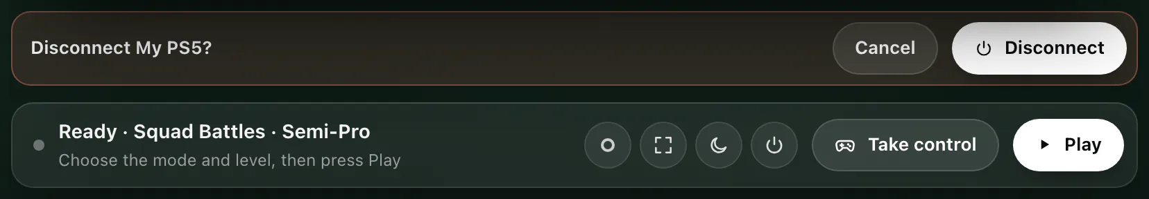 The question Disconnect My PS5? with the buttons Cancel and Disconnect, above the control bar.