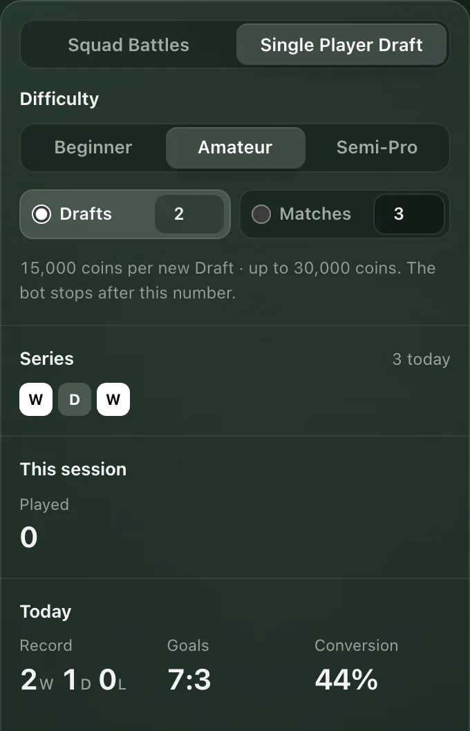The Play panel with Single Player Draft: difficulty Amateur, Stop after Drafts 2 or Matches 3, and the cost 15,000 coins per new Draft, up to 30,000 coins.