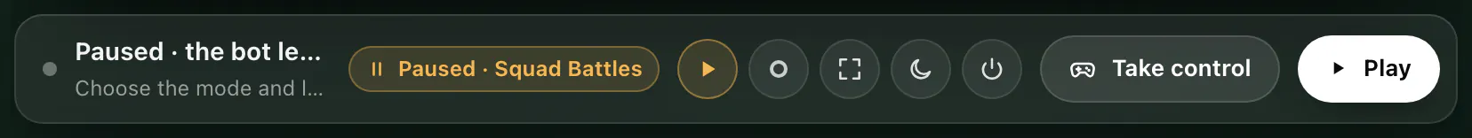 The control bar while paused: the label Paused · Squad Battles and the amber Resume button with a play icon.